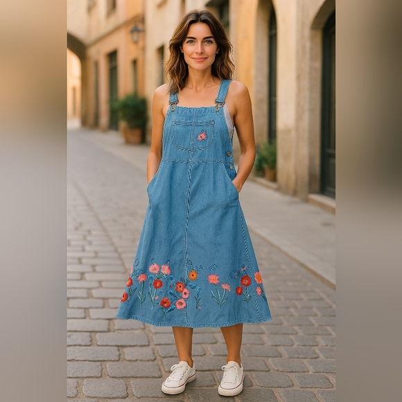 THE PYRAMID COLLECTION DRESS SIZE SMALL Floral Embroidered Denim Overall Dress - Picture 3 of 10